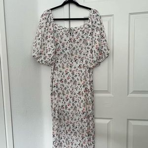 Puff-Sleeve Floral-Print Pintucked Smocked Midi Swing Dress in White Floral